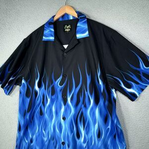 VTG Rave Shirt Mens XL Black Blue all over Flame Print Y2K Bennys Bowling
